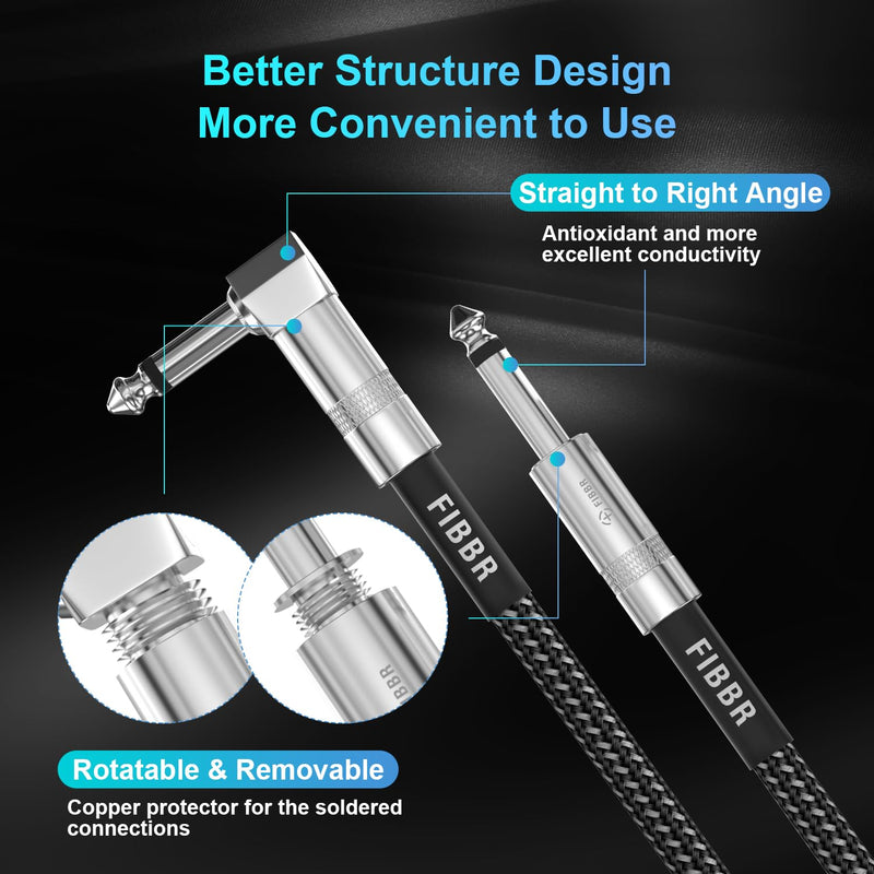 FIBBR Guitar Cable(2Pack-10ft), Right Angle 1/4 Instrument Cable for Electric Bass Guitar, Electric Mandolin, Pro Audio 10ft-2pack-Right Angle