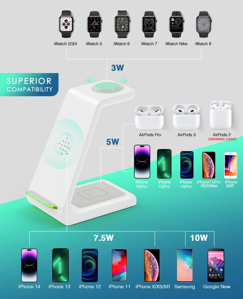Wireless Charging Station, 3 in 1 Fast Desk Charging Station, Wireless Charger Stand for iPhone 15/14/13/12/11 Pro Max/X/Xs Max/8/8 Plus, AirPods 3/2/pro, iWatch Series 9/8/7/6/5/SE/4/3/2 White
