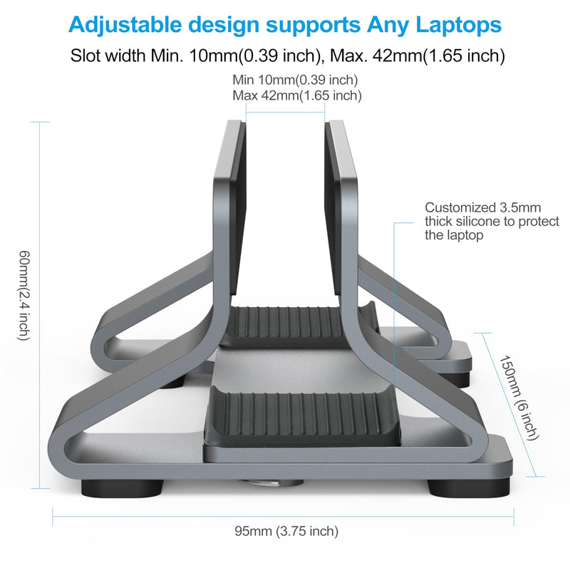 Aluminum Vertical Laptop Stand Dock Holder, Adjustable Slot Width (12-42mm/0.5-1.65 inch), Space-Saving Upright Storage for MacBook and Laptops, Version 2024 Space Gray