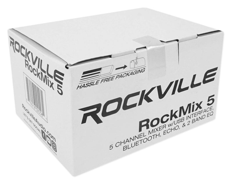 Rockville RockMix 5 Channel Pro Mixer w/USB Interface, Bluetooth, Echo, 2-Band EQ, Compact Design, Portable, for Podcasting and Live Music