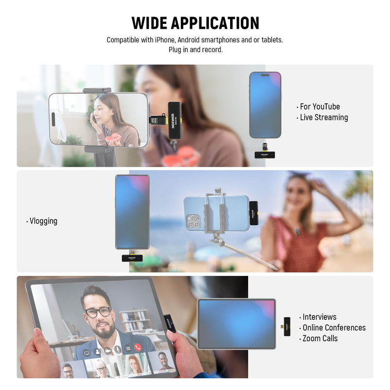 [AUSTRALIA] - NEEWER Wireless Lavalier Microphone System for USB C, Compatible with iPhone 16 15 Samsung Android Phones, Noise Cancelling Mini Lav Omnidirectional Condenser Mic for Vlogging Live Streaming, KM23 