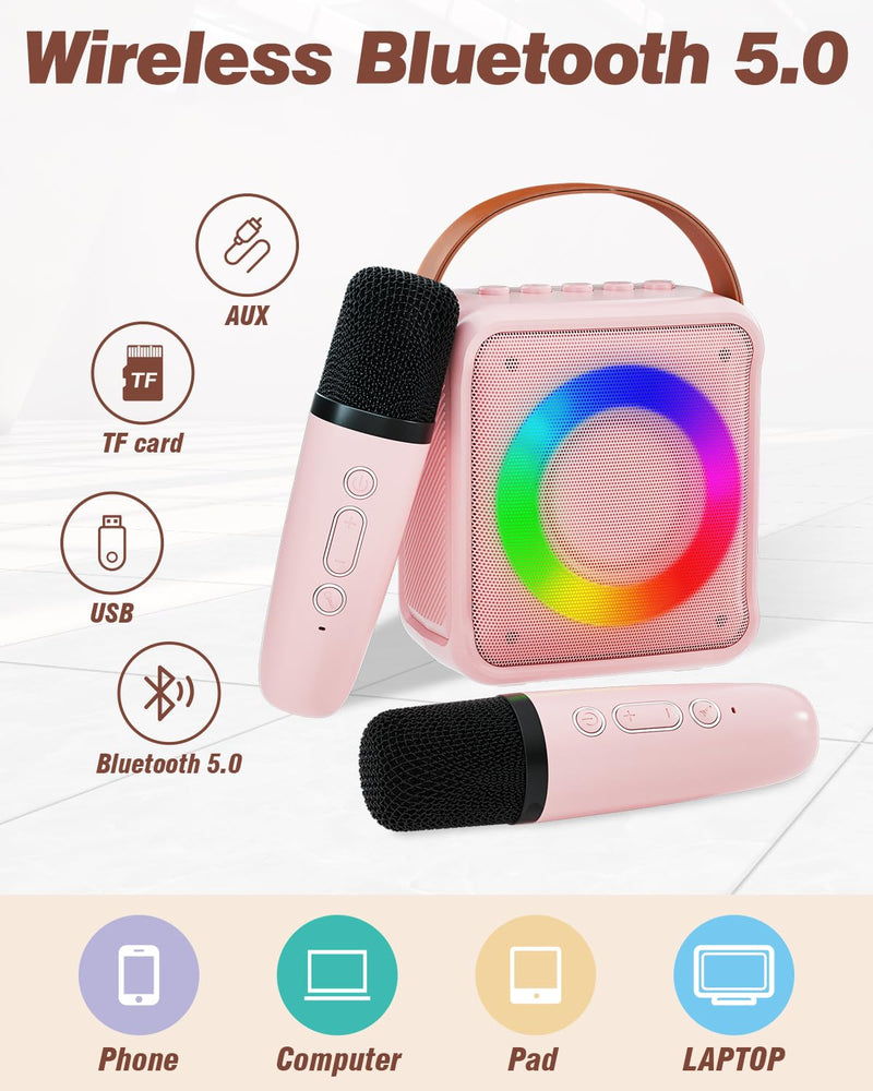 Mini Karaoke Machine for Kids Adults, Portable Bluetooth Speaker with 2 Wireless Microphones, Microphone Speaker Set with LED Disco Lights for Home Party, Birthday Gifts for Girls Boys Kid(Pink) 2 Mic pink