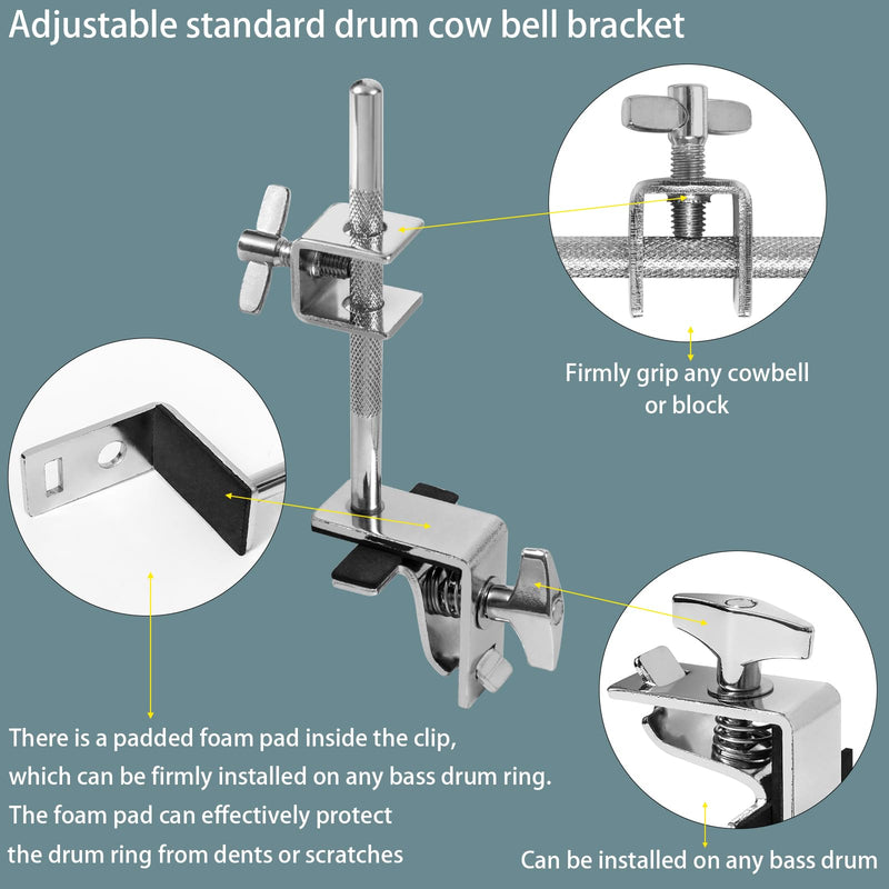 7 inch Cowbell And Cowbell Clamp For Drum Sets, Adjustable Standard Drum Cowbell Mount with Drum Stick