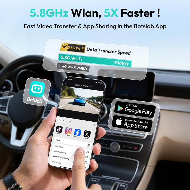 Botslab 4K Dash Cam Front with Night Vision[2026 Upgraded], 360°Rotatable Mini Car Camera with Super Capacitor, 5.8G WiFi & Bluetooth Dual-Band Connection, 24/7H Parking Mode, G-Sensor (HK40 Plus)