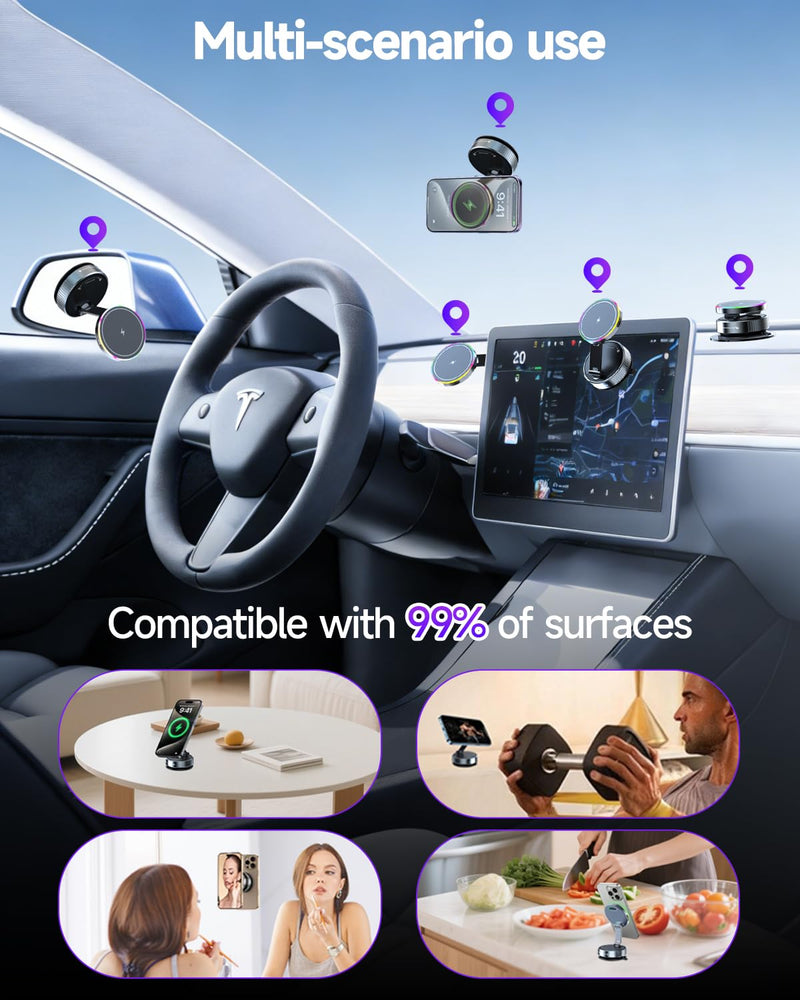 for Magsafe Car Mount Charger 15W Fast Charging Wireless Car Charger Holder | [120LBS Suction &3800gf Magnet] 780° Adjustable, Vacuum Magnetic Phone Holder for Your Car for iPhone & Android, Metal Stand