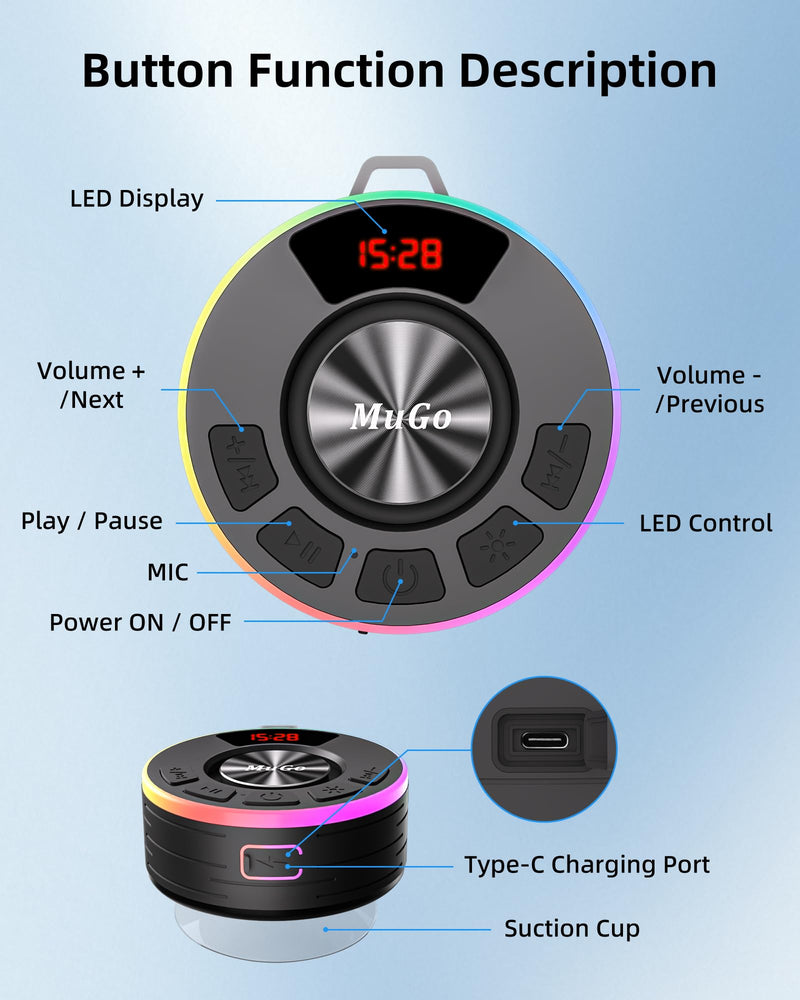 [AUSTRALIA] - MuGo Shower Bluetooth Speaker Waterproof IPX7, 360° HD Stereo Sound Bathroom Speaker Bluetooth 5.3 with RGB Lights, Suction Cup and Microphone, Mini Shower Radio for Home/Party/Outdoor Blue 