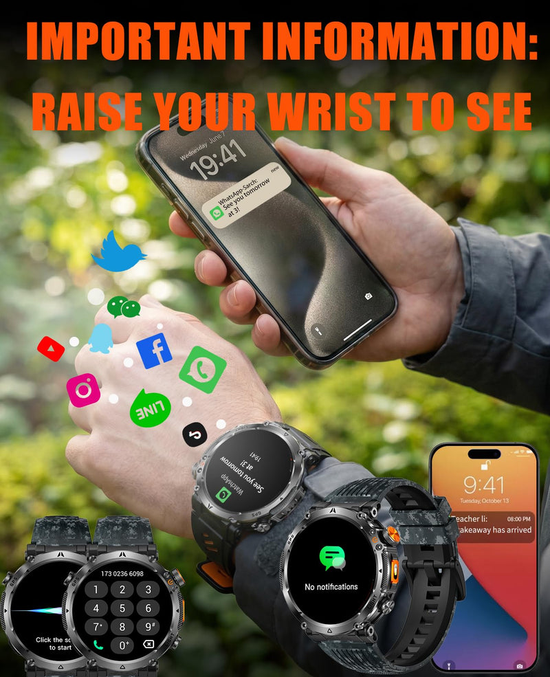 Men's Military Smart Watch with GPS,Compass for Outdoor 1.7" HD Big Face | Fitness Tracker with Bluetooth Calling,Heart Rate/Sleep Monitor/100+ Sports Modes,Long Battery,for Android & IOS 2 Bands Camouflage Black