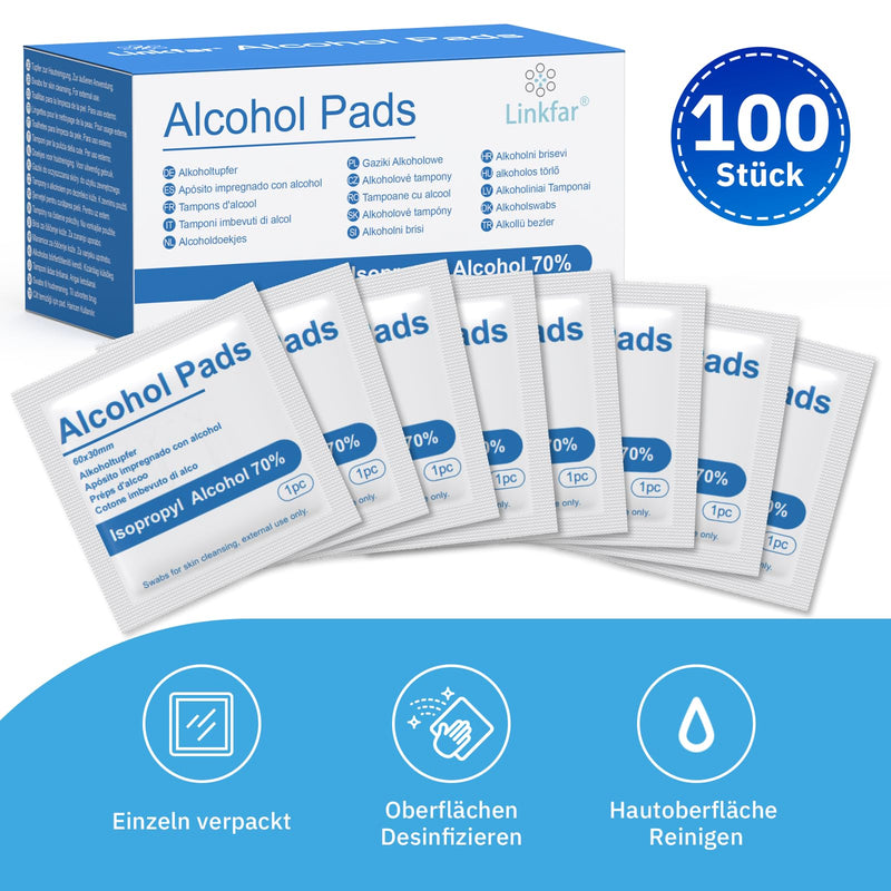 Linkfar Alcohol Swabs - 70% Isopropanol Disinfectant Wipes for Skin Cleaning, Glasses & Surfaces - Hygienically Individually Packed, Pack of 100 (3 x 6 cm)