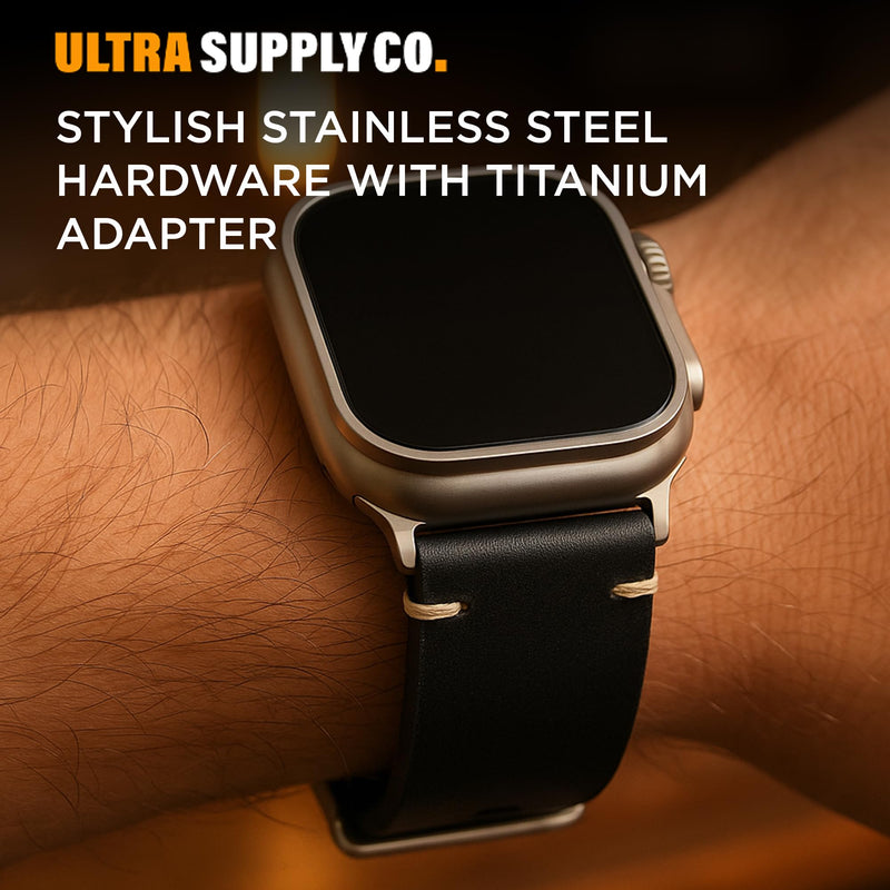 Ultra Supply Co. Leather Band Compatible for Apple Watch Ultra 3, 2, Ultra 49mm & Older Versions - Genuine Top Grain Leather Strap Black