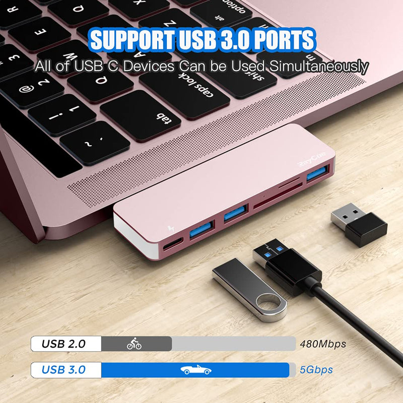 USB C Hub Adapter for MacBook Pro/Air 2020 2019 2018, 6 in 1 USB-C Accessories Compatible with MacBook Pro 13″ and 15″ with 3 USB 3.0 Ports, TF/SD Card Reader, USB-C Power Delivery (Pink) Pink