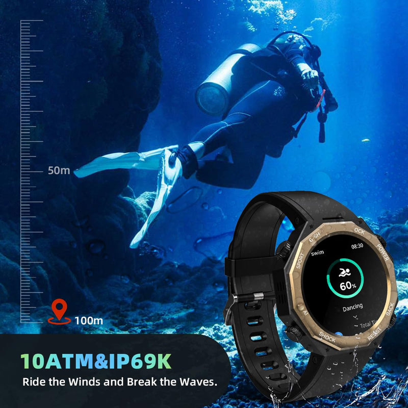 Rogbid Smart Watch for Men 680mAh 1.45" AMOLED 5ATM Waterproof Fitness Tracker Watch Heart Rate Blood Pressure Sleep Monitor Bluetooth Calls Military Sport Smartwatch for iOS Android Phones Black