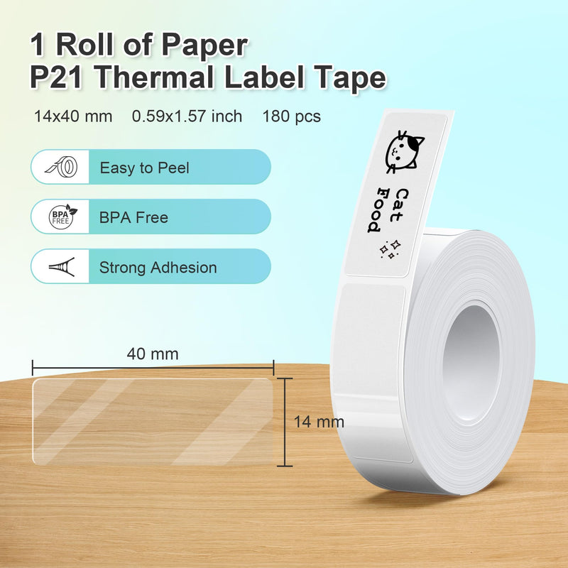 [AUSTRALIA] - Nelko Genuine P21 Label Maker Tape, Adapted Label Print Paper, 14x40mm (0.55"x1.57"), Standard Laminated Office Labeling Tape Replacement, Multipurpose of Home, Office, 180 Labels/Roll, Transparent 0.55"x1.57"(14mmx40mm)-1 Roll 