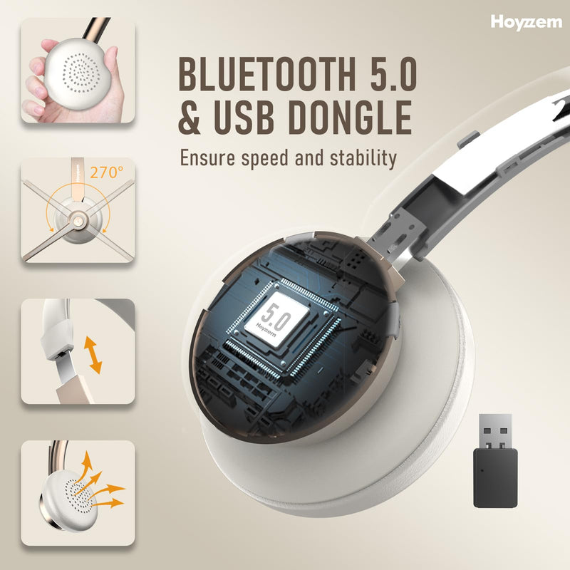 [AUSTRALIA] - Bluetooth Headset, Wireless Headphones with Microphone Noise Canceling & USB Dongle, V5.0 Trucker Bluetooth Headset with Mic Mute & Charge Dock for PC/Laptop/Phone/Meeting/CallCenter/Office Gold Wireless Single Ear 
