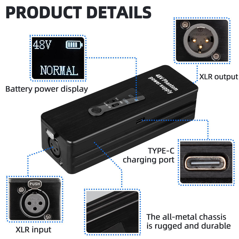 Depusheng Phantom Power Supply 48V/12V Switch, Rechargeable Portable Phantom Power for Condenser/Interview Shotgun Microphone, Audio Interface, Recording Studios, Up to 40h Working Time
