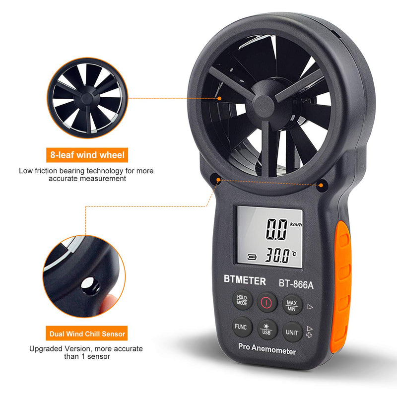 BTMETER BT-866A HVAC Anemometer for CFM Air Flow Handheld CFM Meter Connec to PC via USB Data Reading, Wind Speed Meter with Backlight for Kite Flying Sailing Surfing BT-866A (Air Flow Meter)