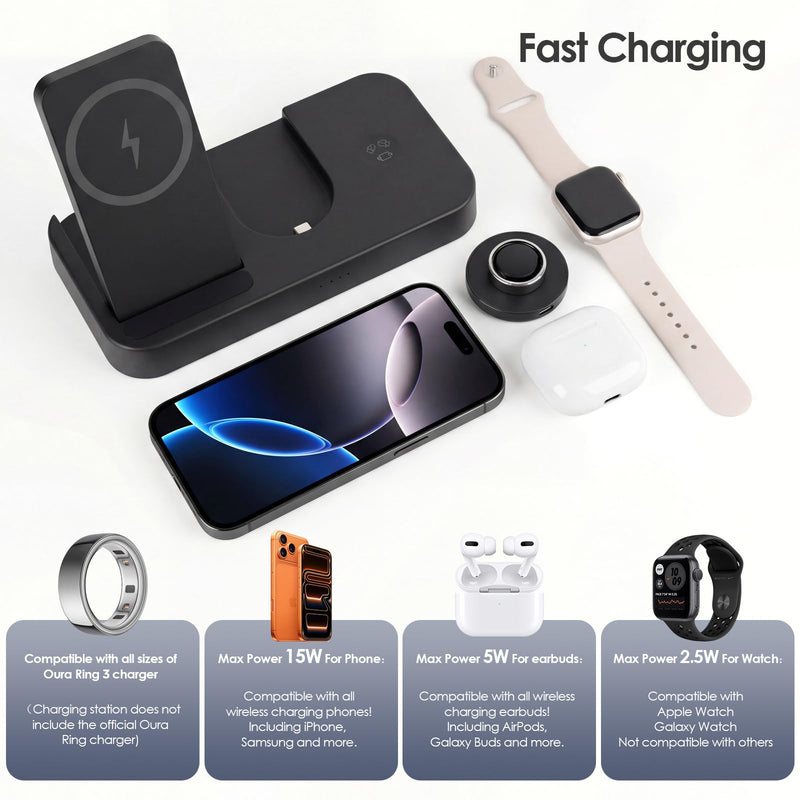 4 in 1 Charging Station for Oura Ring Gen 3 Charger (Oura Ring Charger NOT Included), 15W Fast Magnetic Charger for iPhone, Apple Watch, AirPods, Wireless Charger for Samsung Galaxy
