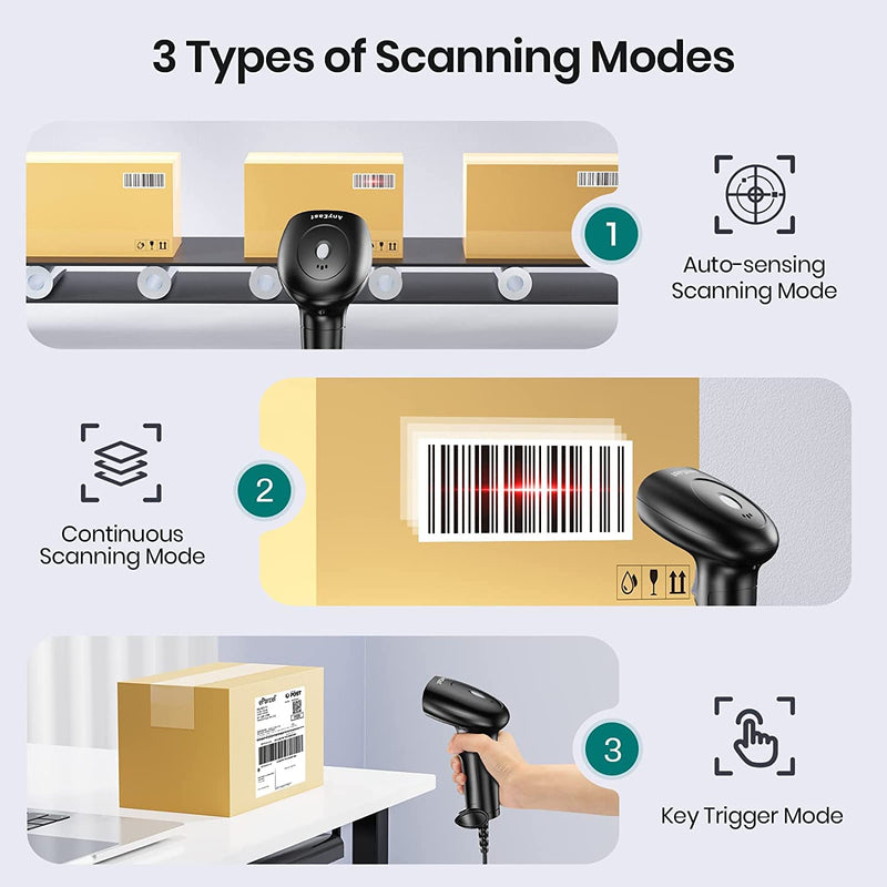 Barcode Scanner with Stand, USB Wired Inventory 2D 1D QR Code Scanners for Computer POS Support Automatic Screen Scanning, Handheld CMOS Image Bar Code Reader for Warehouse Library Supermarket