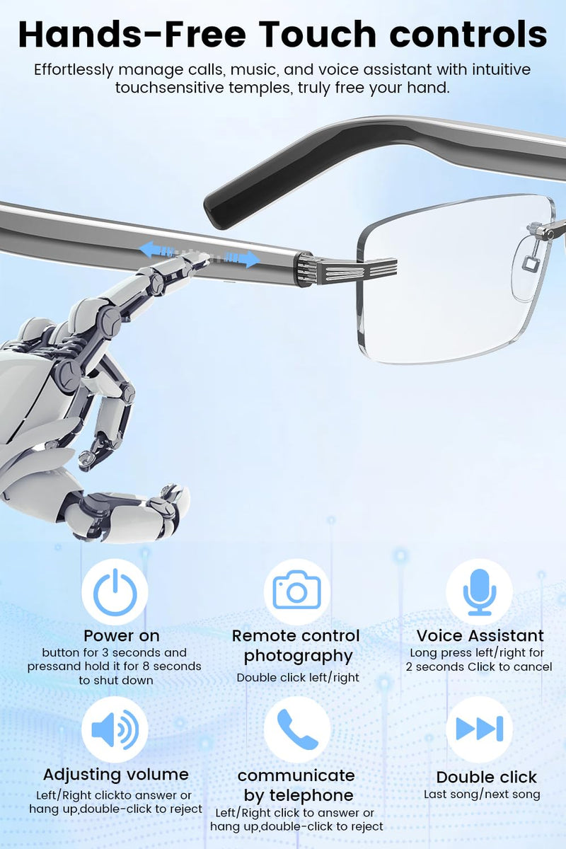 Lightweight Rimless Smart Glasses with Self-Tinting Lenses - Bluetooth Open-Ear Audio, No Camera for Privacy, All-Day Comfort