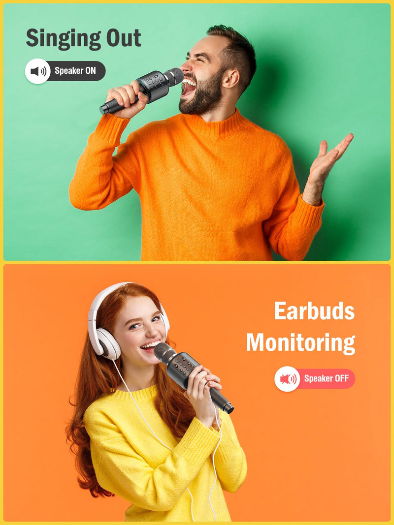 Wireless Bluetooth Karaoke Microphone, Built-in Loud Speaker for 10H Playback, Add Reverb/Duet Mode/Earbuds Monitoring, Portable Karaoke Machine for Entertainment & Singing Practice (Gray) Gray