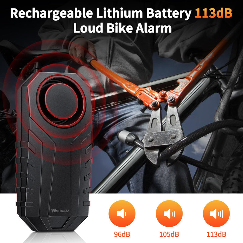 [AUSTRALIA] - WSDCAM Wireless Bike Alarm with Remote, Rechargeable 113dB Loud Bicycle Alarm System Anti Theft, IP65 Waterproof, Bike Alarms for E-bikes, Motorcycles, Scooter, Outdoor Riding and Cycling Safety 