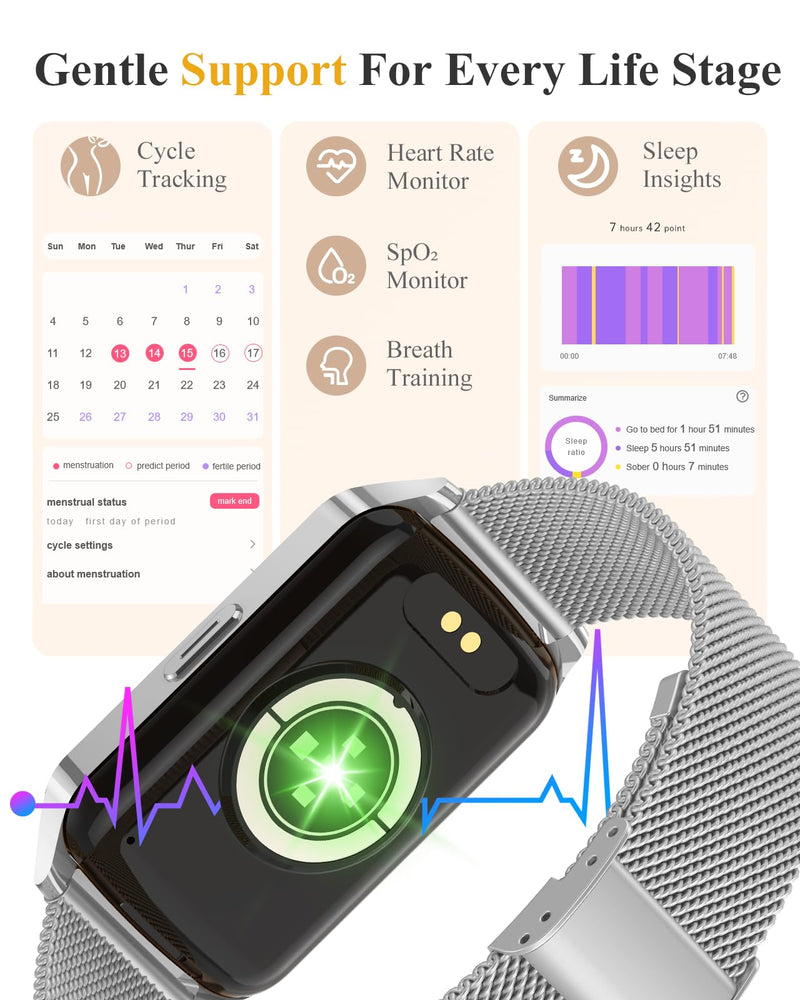 Fitness Activity Tracker for Women Men with Step Counter, Calorie/Distance/Sleep Monitor, IP68 Waterproof for Android iPhone, Silicone Smart Watch Smartwatch with 110+ Sport Modes (Silver) Silver