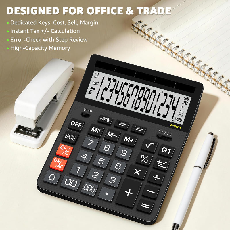 Calculators Desktop, 2026 Upgrade 14 Digit Large Size Calculator with 5-Inch LCD Display and Solar Power, Office Calculator for Desk (Black) Midnight Black