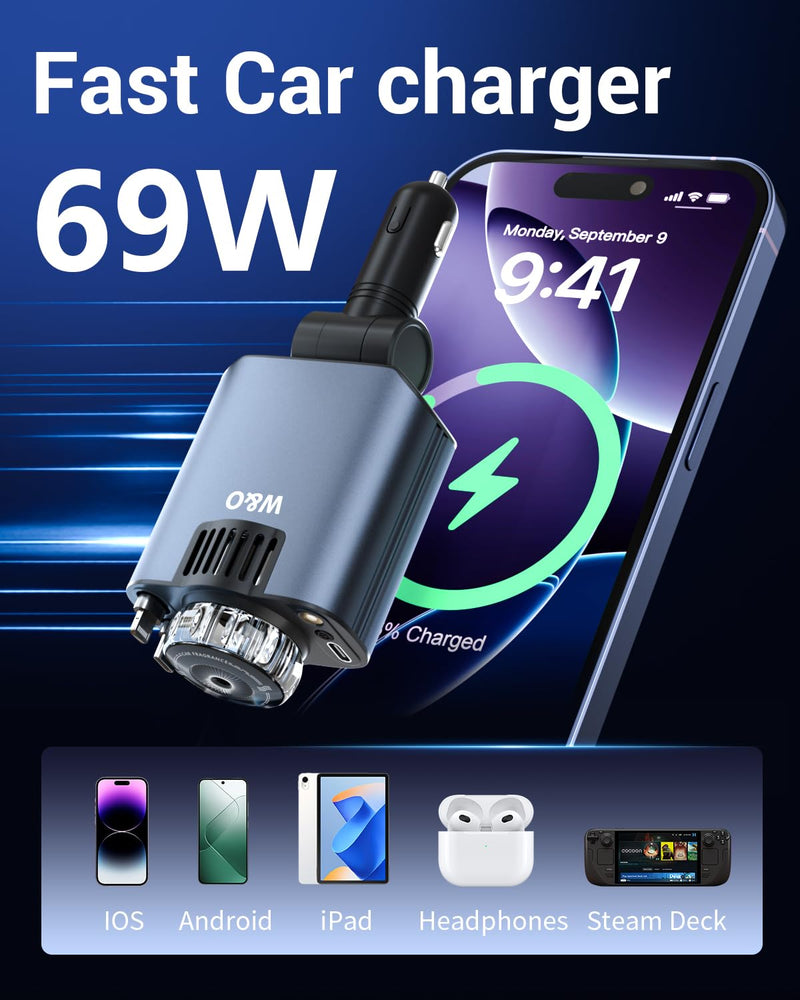 W & O Car Charger Fast Charging for iPhone，Retractable car charger with Aromatherapy and Starlight,69W 5 in 1 Fast Charging Car Charger,Car Charger Adapter for iPhone 17/16/15 Pro Max, Galaxy S25(Red) Red Light