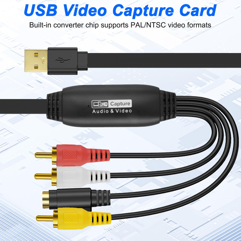 [AUSTRALIA] - XMSJSIY USB 2.0 Audio Video Capture Card S Video RCA to USB Digital Grabber Recorder CVBS VHS VCR to Digital Converter for DVD Player,Laptop,PC,Tape Recording -1.2M/3.9FT (S-Video+3 RCA Male to USB) S-video+3 RCA Male to USB 