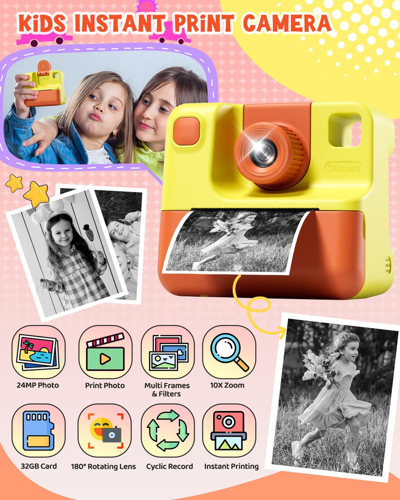 Kids Camera Instant Print, Christmas Birthday Gifts for Toddle Girls Boys Age 3-12, 20MP & 1080P Selfie Digital Camera with 3 Roll No-Ink Print Paper 32G SD Card - Yellow