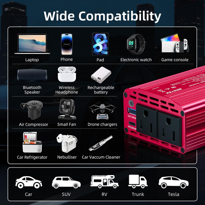BESTEK 400W Car Power Inverter DC 12V to AC 110V Car Charger Plug Adapter | PD 30W USB-C & USB-A 3.0 Fast Charging, Car Charger Cigarette Lighter Adapter, Portable Outlet for Laptop, Road Trip, Camping Red