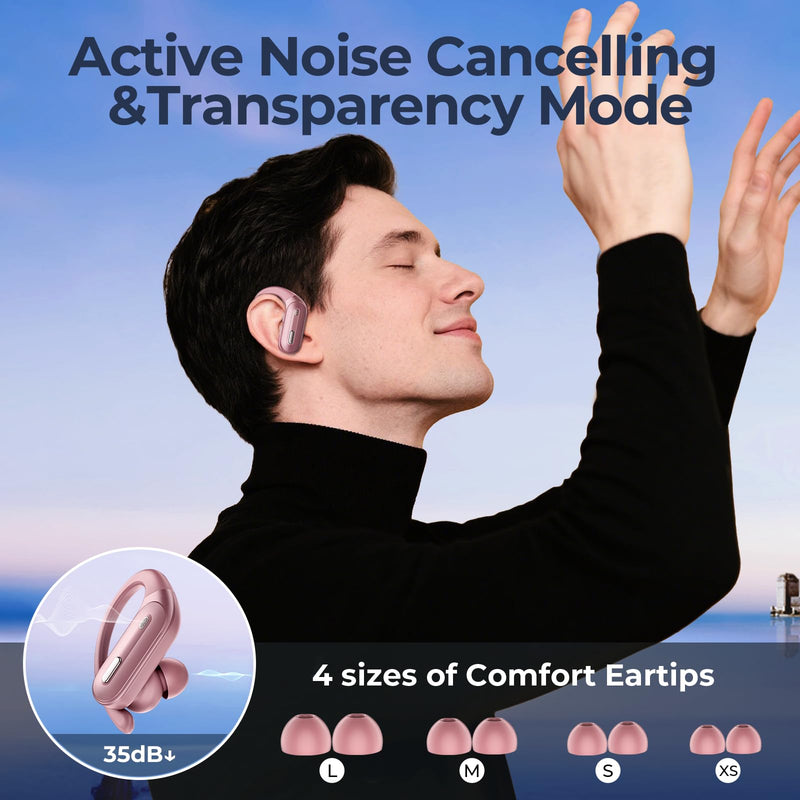 Active Noise Cancelling Ear Buds Wireless Earbuds 90Hrs Playtime Bluetooth Headphones with Hi-Res Stereo Deep Bass Power Display Earphones with Earhooks Waterproof Transparency Headset for Sports/Gym