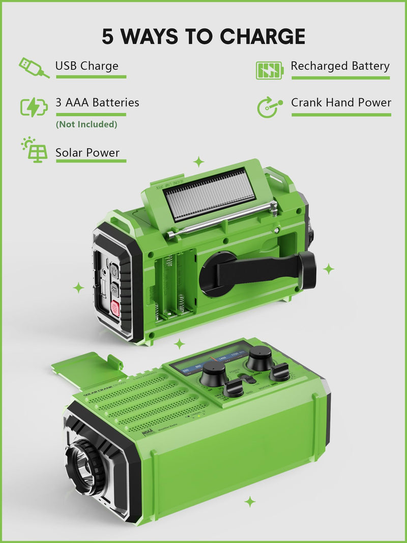 Weather Radio Raynic Solar Hand Crank Emergency Radio 5 Ways Powered AM/FM/SW/NOAA Weather Alert Portable Radio with Flashlight, Reading Lamp (Green) Green