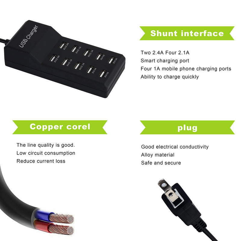 USB Charger,5V 10A(50W) USB Charging Station with 10-Port Family-Sized Smart USB Ports for Multiple Devices Smart Phone Tablet Laptop Computer, for iPhone 15/14/13 Black A-Black
