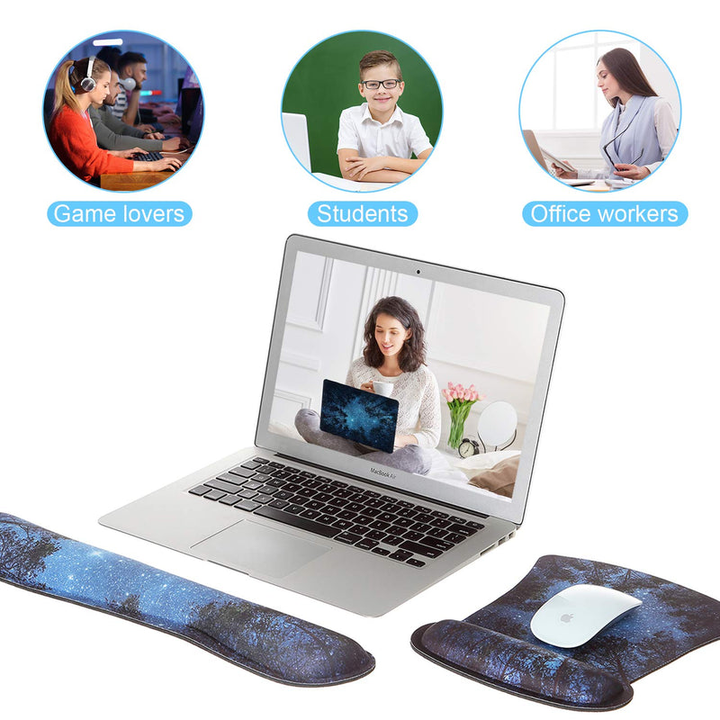 Ergonomic Mouse Pad with Wrist Support and Keyboard Wrist Rest Pad, iDonzon Cute Wrist Pad with Non-Slip Rubber Base and Raised Memory Foam, Easy Typing & Pain Relief, Forest Starry Blue