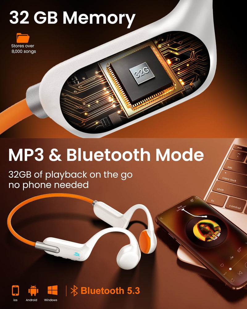 HIFI WALKER Bone Conduction Headphones, Waterproof Swimming Headphones, Open Ear Headphones Wireless Bluetooth 5.3, Built-in MP3 32G Memory, Underwater Headset for Swimming, Sports, Running, Cycling Apricot