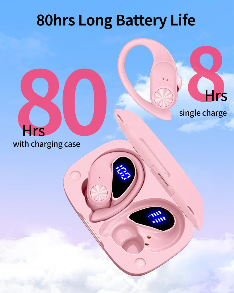 2 Sets Bluetooth Headphones Wireless Earbuds 80hrs Playtime Wireless Charging Case Sports Ear buds with Earhook Premium Deep Bass IPX7 Waterproof Over-Ear Earphones for Phone Laptop Mint Green + Pink