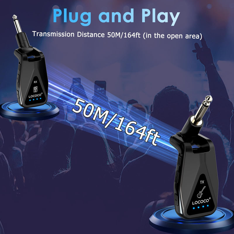 Wireless Guitar System Transmitter Receiver: UHF Cordless 164 Feet Range - 6 Channels USB-C Rechargeable Audio, 220° Rotatable Plug Design for Guitar Bass and Electric Instruments (Black) black