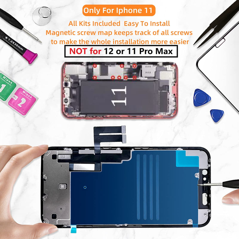 for iPhone 11 Screen Replacement 6.1 3D Touch Screen LCD Display Digitizer for A2111, A2223, A2221 Cell Phone Repair Kits+ Waterproof Frame Adhesive Sticker+Screen Tempered Protector+Face ID 11-6.1inch