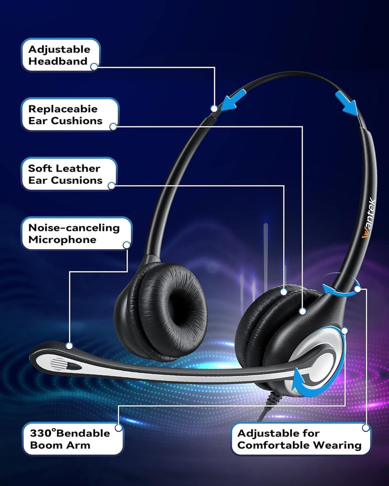 Wantek RJ9 Telephone Headset with Microphone Noise Cancelling, Office Phone Headset Compatible with Plantronics S12 Polycom VVX310 VVX410 VVX411 Avaya 1416 ShoreTel 230 Allworx NEC Landline Phones