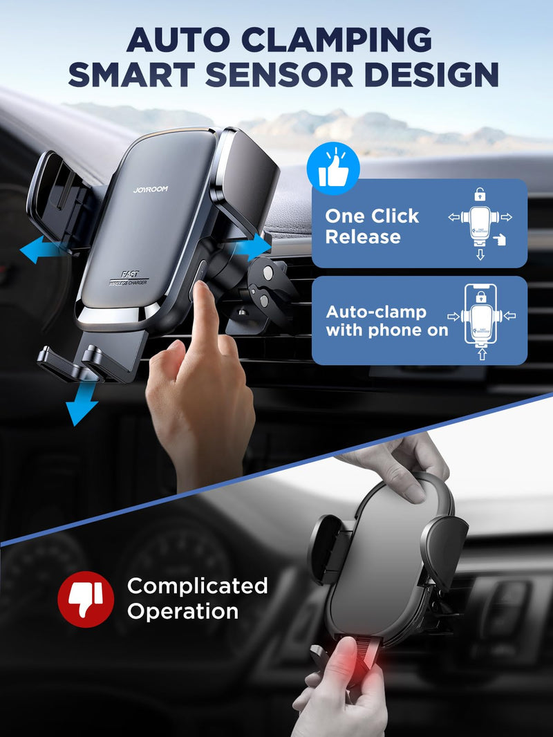 JOYROOM Wireless Car Charger, 15W Auto Clamping Car Phone Holder Charger | Secure Hold, Fast & Stable Charging, Qi-Certified, Adjustable Vent Clip, Quick-Release Button, Smart Power Off, Case Friendly