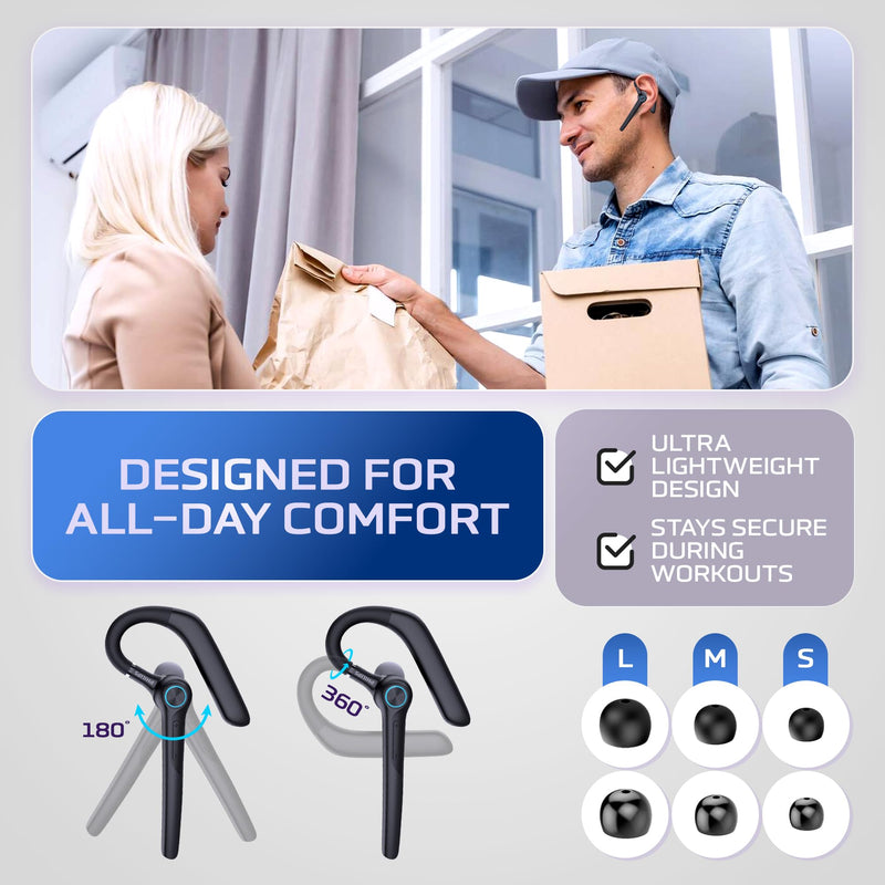Philips Trucker Bluetooth Earpiece, Wireless Bluetooth Headset with Mic, 400mAh Charging Case with LED Display, All-Day Extended Talktime, Built-in Mic for Hands-Free Calling, Designed for Office Work Black