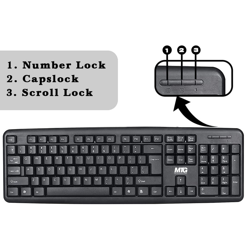 MTG Full Size Wired Computer Keyboard, with 5ft USB-A Cable, 104-keys, Foldable Legs and noiseless Key, Compatible with PC, Laptop and Windows 7/8/10/11