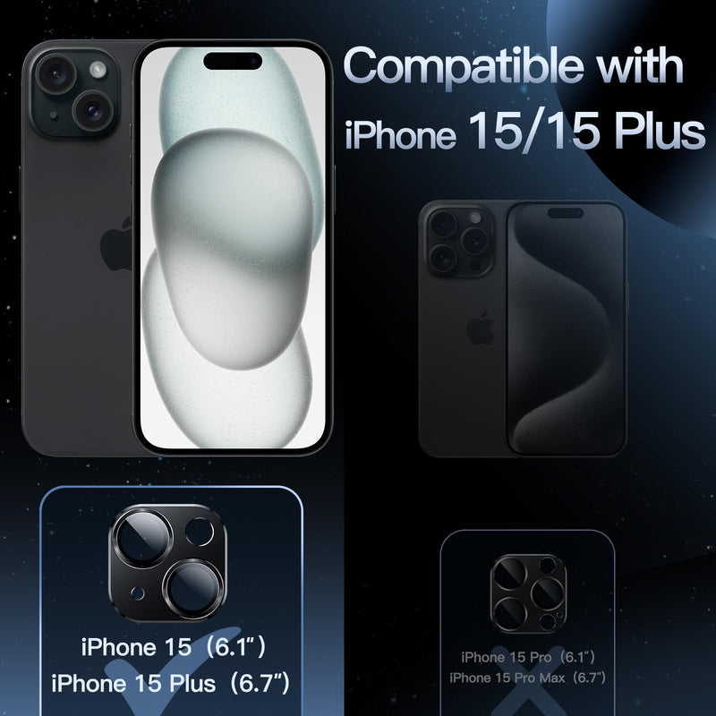 JETech Camera Lens Protector for iPhone 15 6.1-Inch and iPhone 15 Plus 6.7-Inch, Full Coverage 9H Tempered Glass Ring Cover, Matte Metal Plate, Case Friendly, 1-Pack (Midnight) Midnight