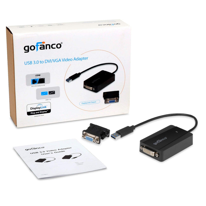 gofanco USB 3.0 to DVI Video Graphics Adapter for Multiple Monitors - Up to 2048x1152 for Windows and macOS, DisplayLink Chip, Includes DVI-to-VGA Adapter for VGA Monitor, USB DVI (USB3DVI) USB 3.0 to DVI / VGA