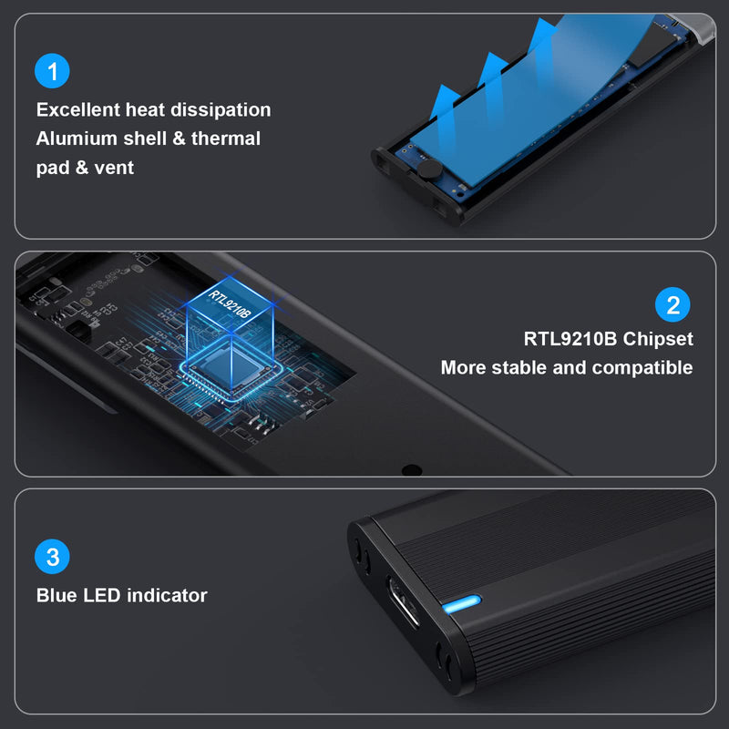 Aluminum M.2 NVME SATA SSD Enclosure Adapter, 10Gbps Type C Tool Free Enclosure for M.2 PCIe NVMe and SATA SSDs