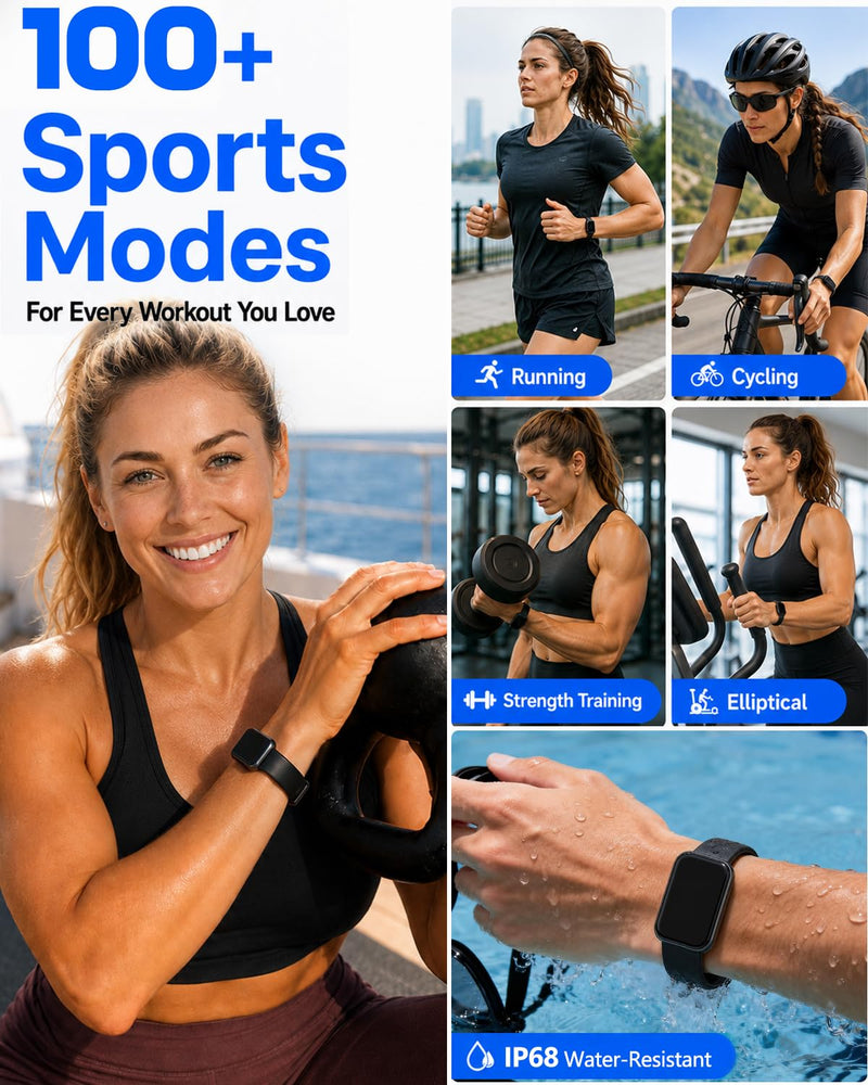 MorePro Health Fitness Tracker for Women Men, 24/7 Heart Rate Blood Pressure & Oxygen Monitoring, Sleep Tracker, 100+ Sport Modes Smart Watch, IP68 Waterproof, 2 Bands, Compatible Android iOS Black