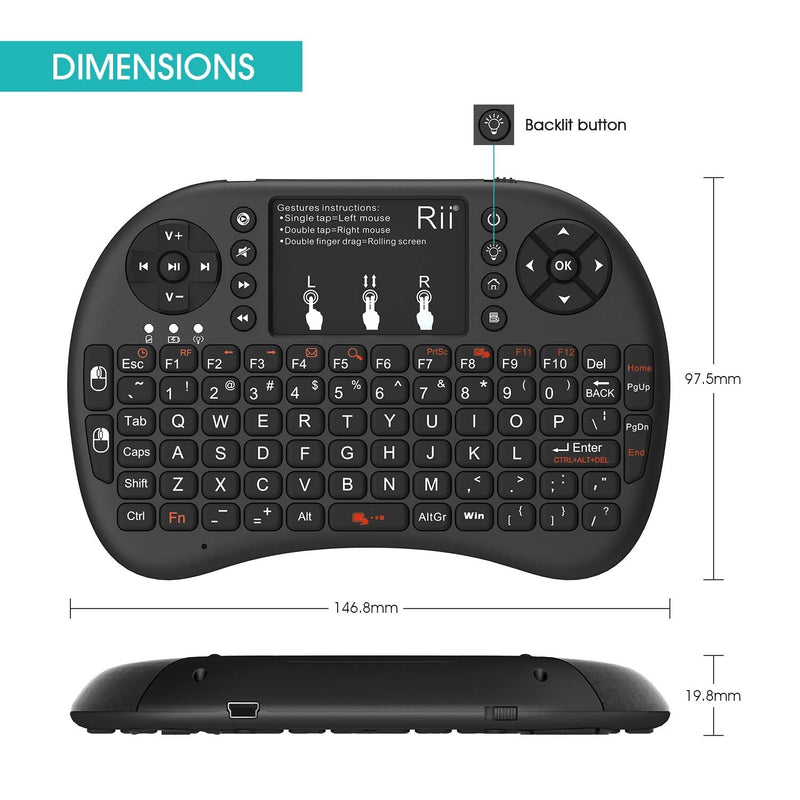 Rii 2.4GHz Mini Wireless Keyboard with Touchpad＆QWERTY Keyboard, Backlit Portable Keyboard with Remote Control for Laptop/PC/Tablets/Windows/Mac/TV/Xbox/PS3/Raspberry Pi .(Black)