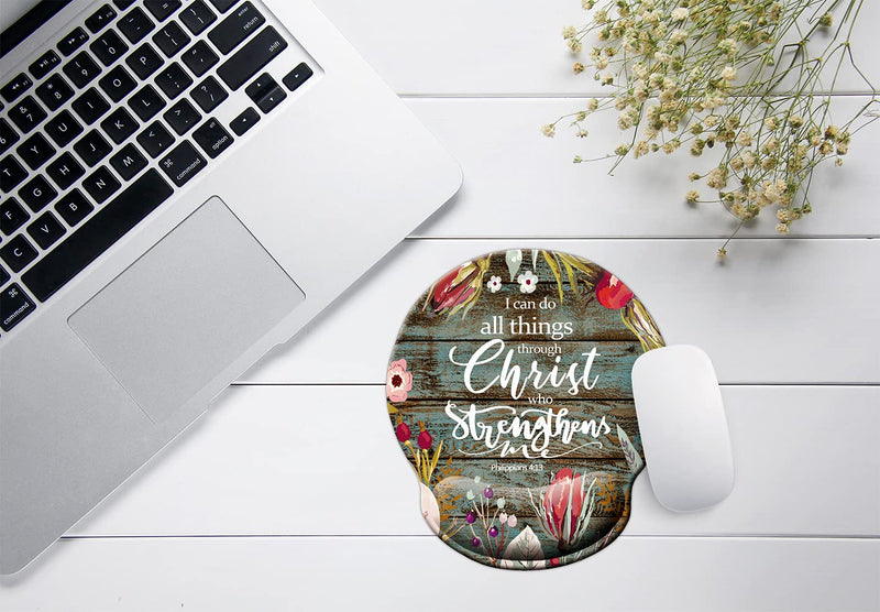 Bible Verse Scripture Quote-I can do All Things Through Christ who Strengthens Me Philippians 4-13 Mouse Pad, Vintage Floral Rustic Old Wood Inspirational Quote Mouse Wrist Rest Support Pads Wood grain gray