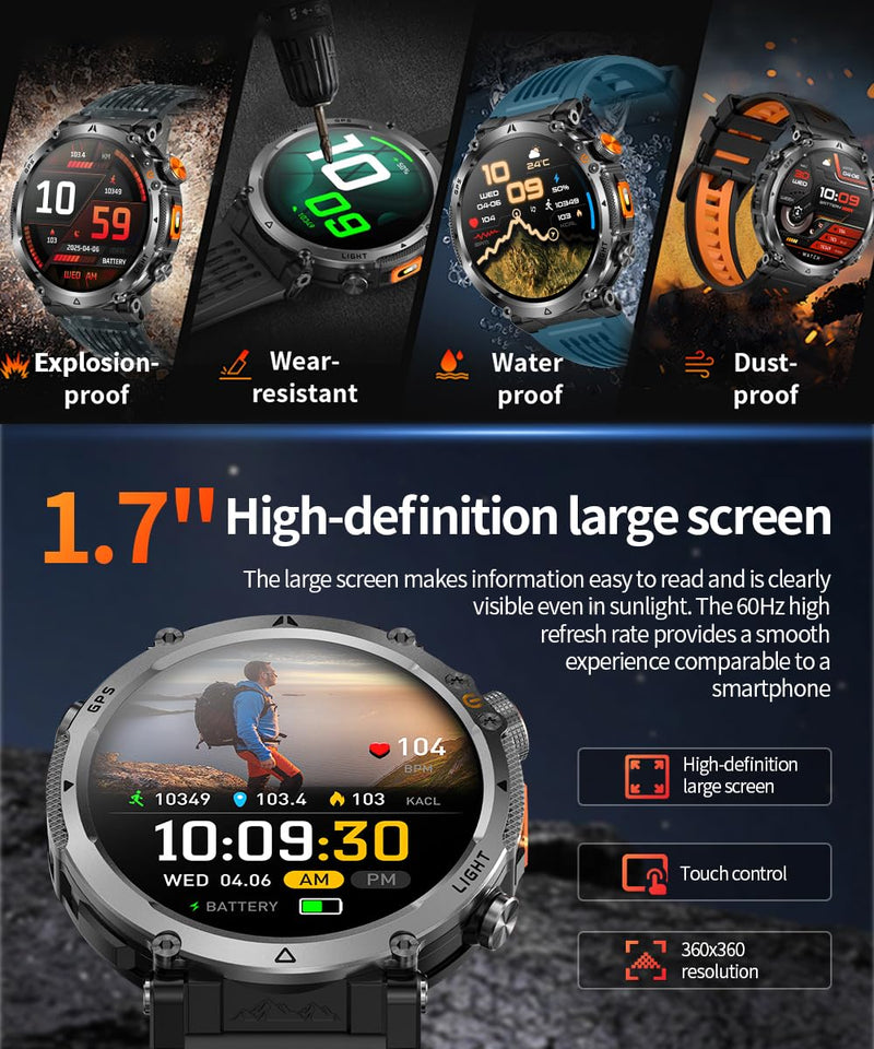 Military Smart Watch for Men, 1.7" HD Rugged Smartwatch with GPS, Bluetooth Call, 100+ Sports Modes, Heart Rate Blood Pressure Sleep Monitor, IP68 Waterproof Fitness Tracker (Black orange Band) Black orange Band