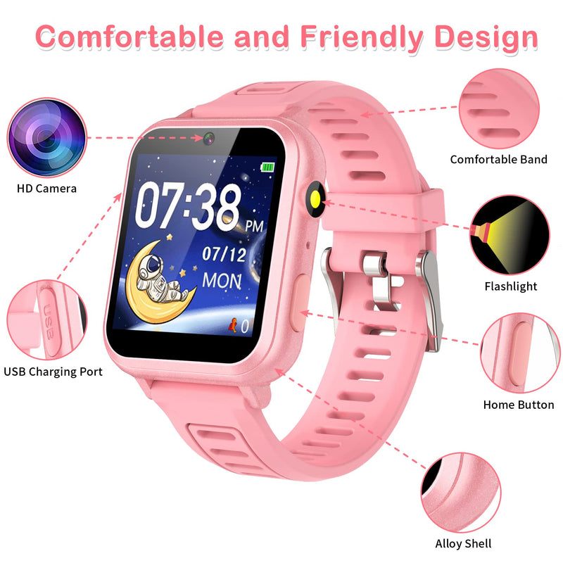 Phyulls Kids Smart Watches Girls *2, HD Touchscreen Kids Watches with Video Camera Music Player Alarm Pedometer Learn Card Audio Flashlight 12/24hr Gift for 3-12 Year Old Girls